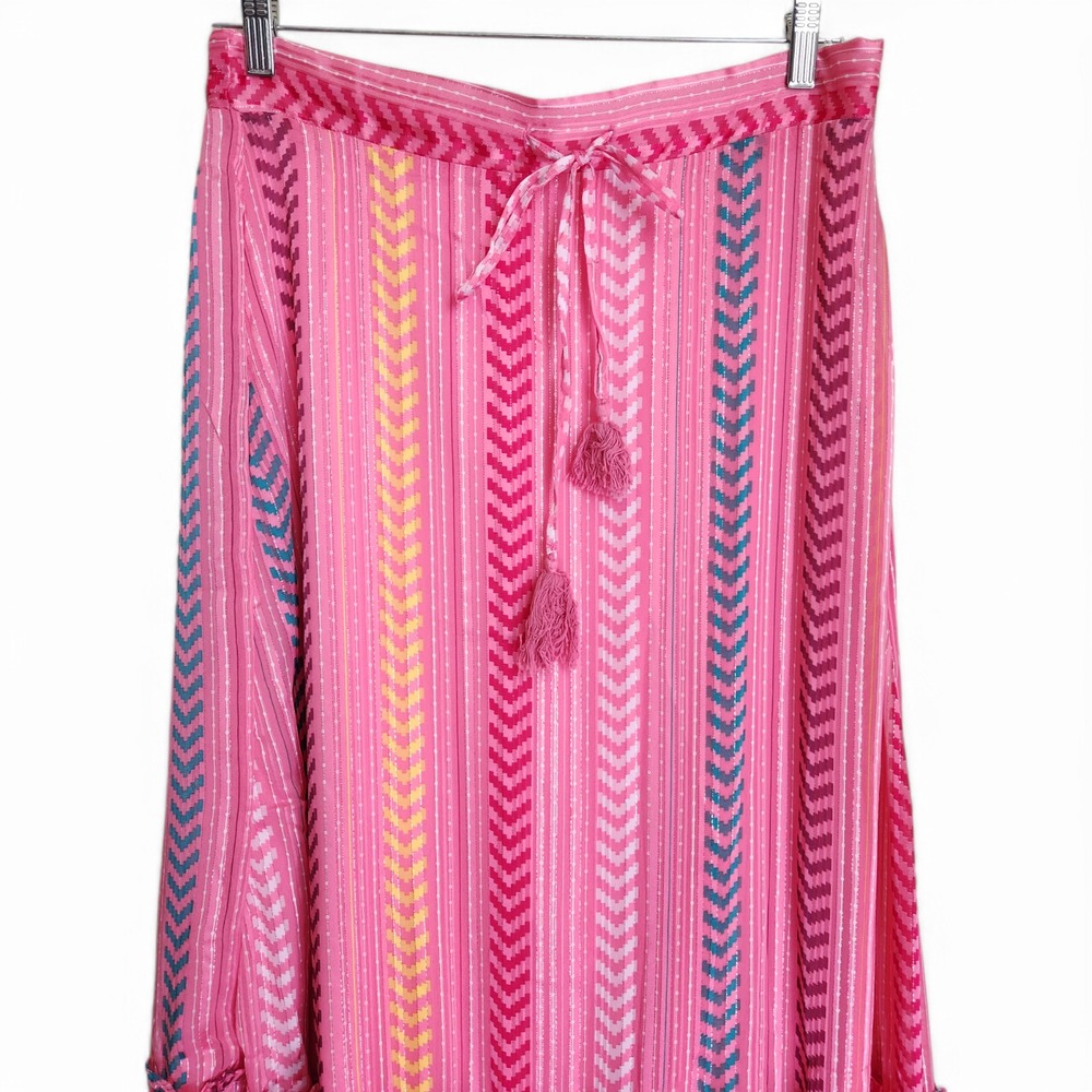 Satin Tiered Maxi Skirt Women's Large Boho Gypsy Tassel Pink Drawstring Pull on - Picture 2 of 13